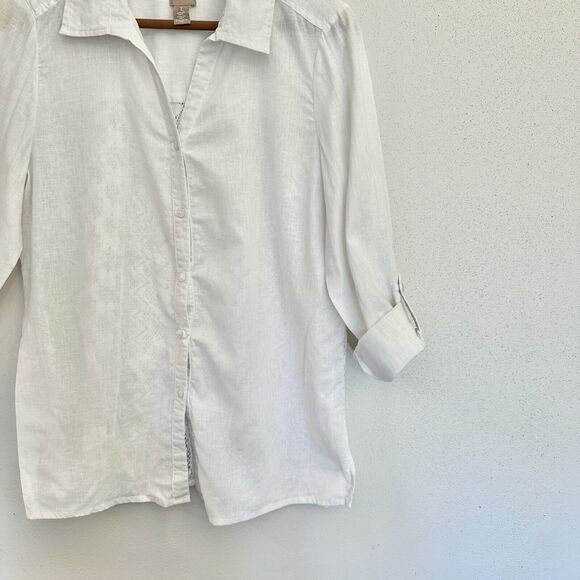Chicos | Linen Crochet Back Button Shirt Roll Tab Sleeves Top Size 1 -‎ Med - 44 - Picture 6 of 15